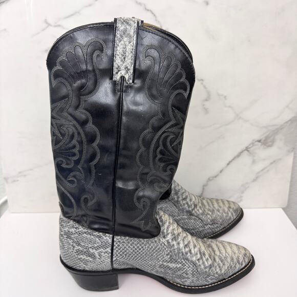 Cowboy Western Boots Mens 10.5 Made USA Texas Snake Print Classic Country Black - Picture 2 of 11